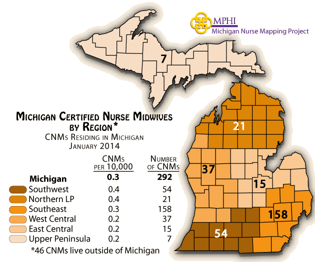Michigan map of certified nurse midwives